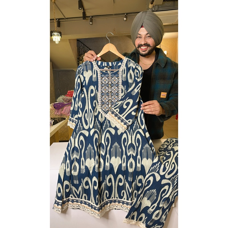 Blue Pure Cotton Paplum Coord set with embroidery Work on neck
