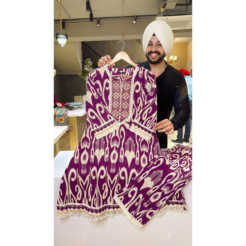Purple Pure Cotton Paplum Coord set with embroidery Work on neck