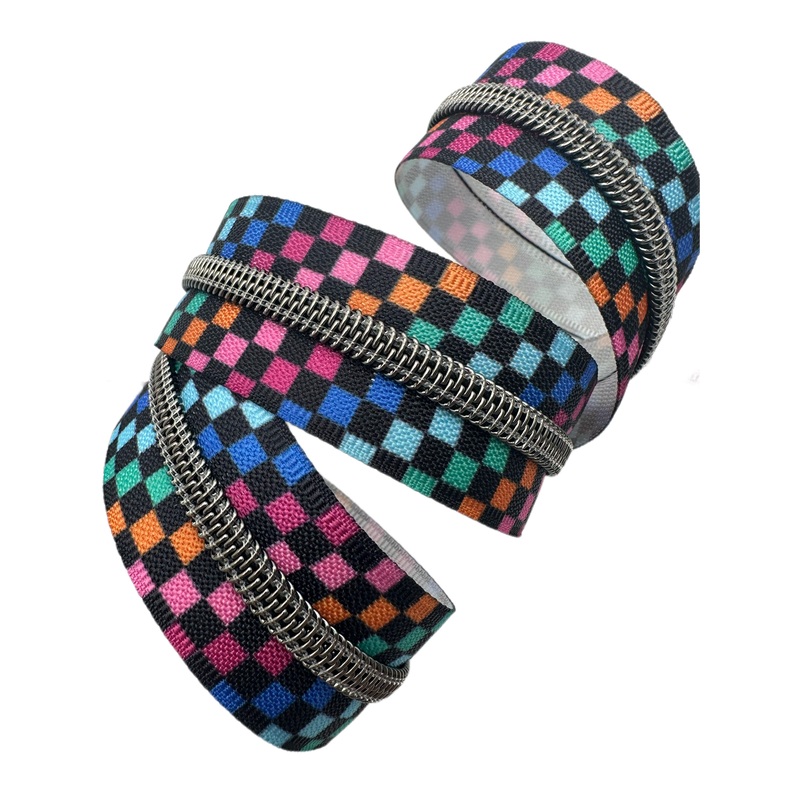 Bold Rainbow Checker Tape with Gun Metal Teeth Zipper Tape