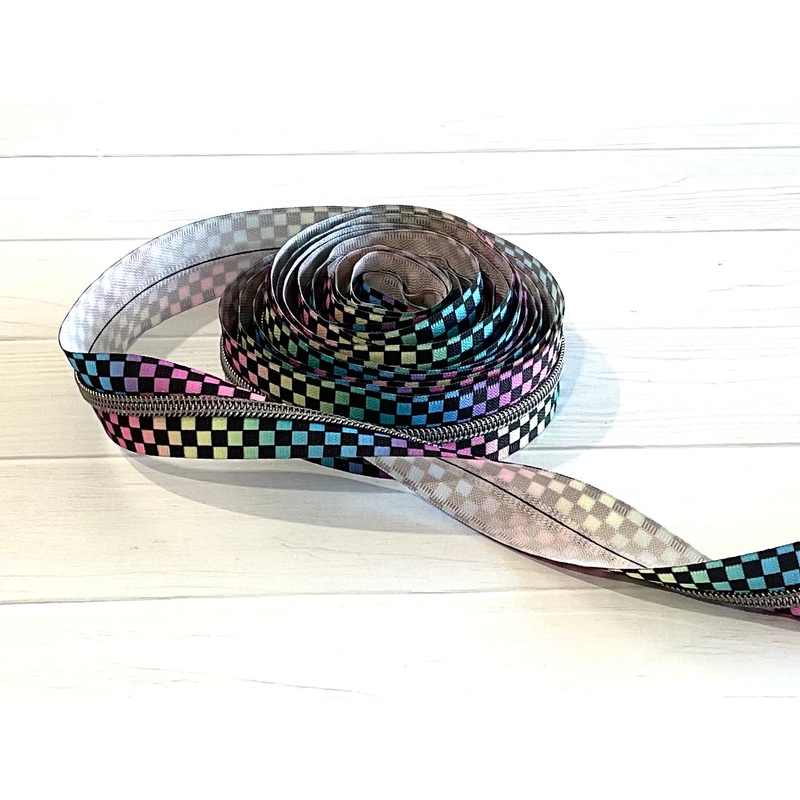 Bright Rainbow Checker Tape with Gun Metal Teeth Zipper Tape