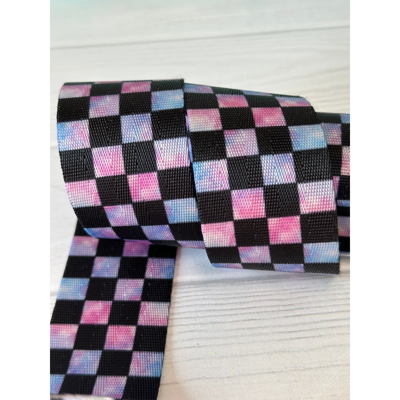 Blue/Pink Tie Dye Check 1.5 Seatbelt Webbing (by the yard)