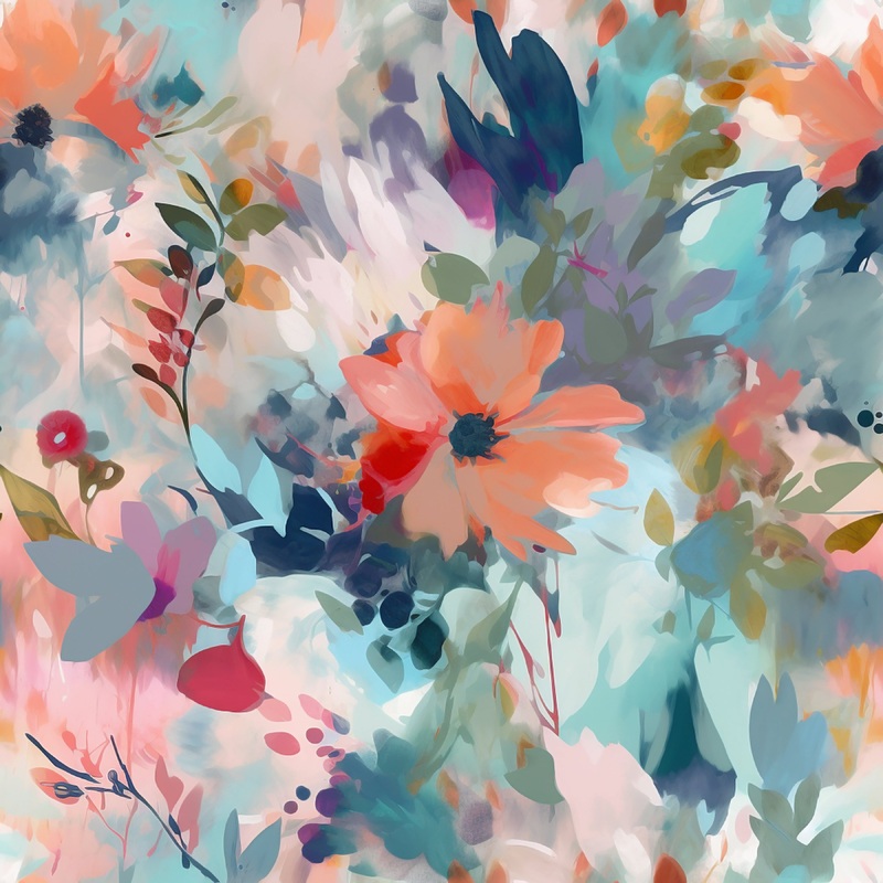 Teal, Orange, Pink Watercolor Floral  100% Quilting Cotton Fabric by the Yard
