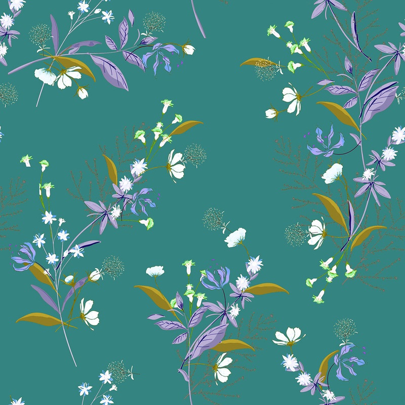 Teal Floral Sprigs  100% Quilting Cotton Fabric by the Yard