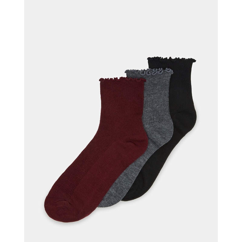 3 PACK LETTUCE EDGE ANKLET SOCKS BURGUNDY