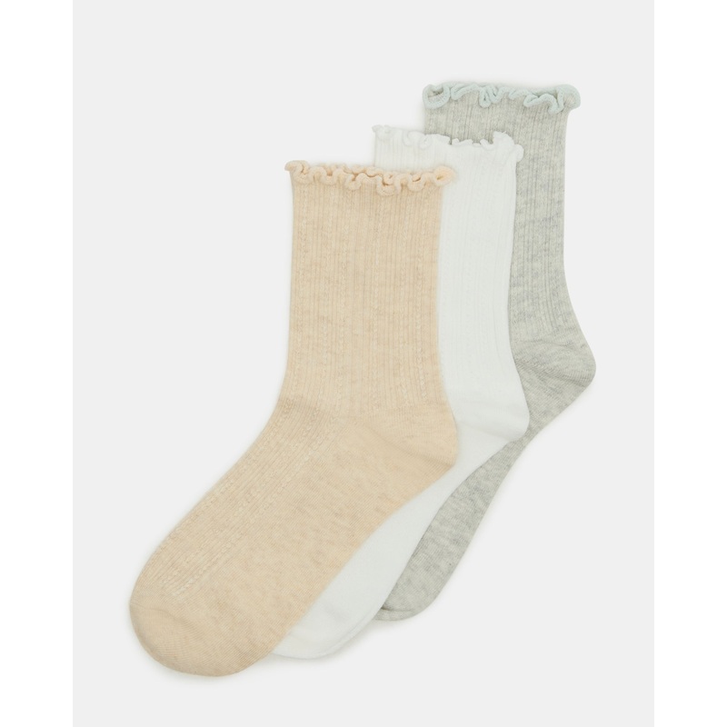 3 PACK LETTUCE EDGE RIBBED SOCKS TAUPE