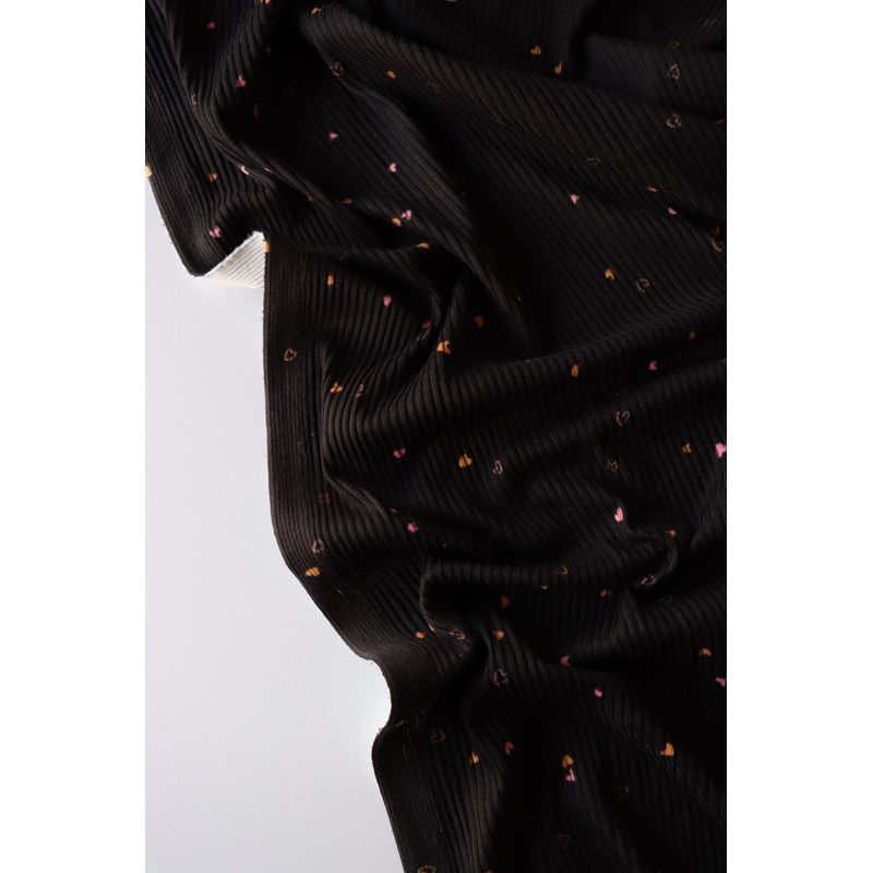Tossed Hearts on Black Yummy 4×2 Rib Knit