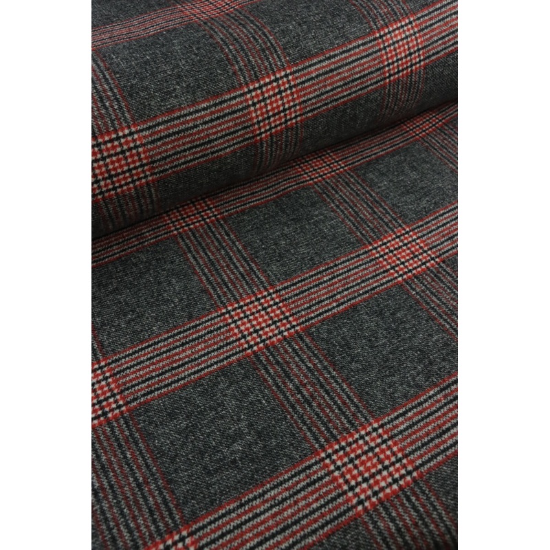Black/White/Red Plaid Melton Double Weave Wool | By The Half Yard
