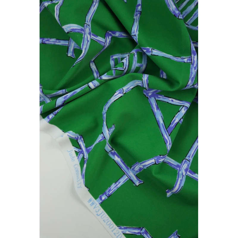 Blue Bamboo Lattice on Kelly Green Nylon Spandex Tricot | Designer Deadstock