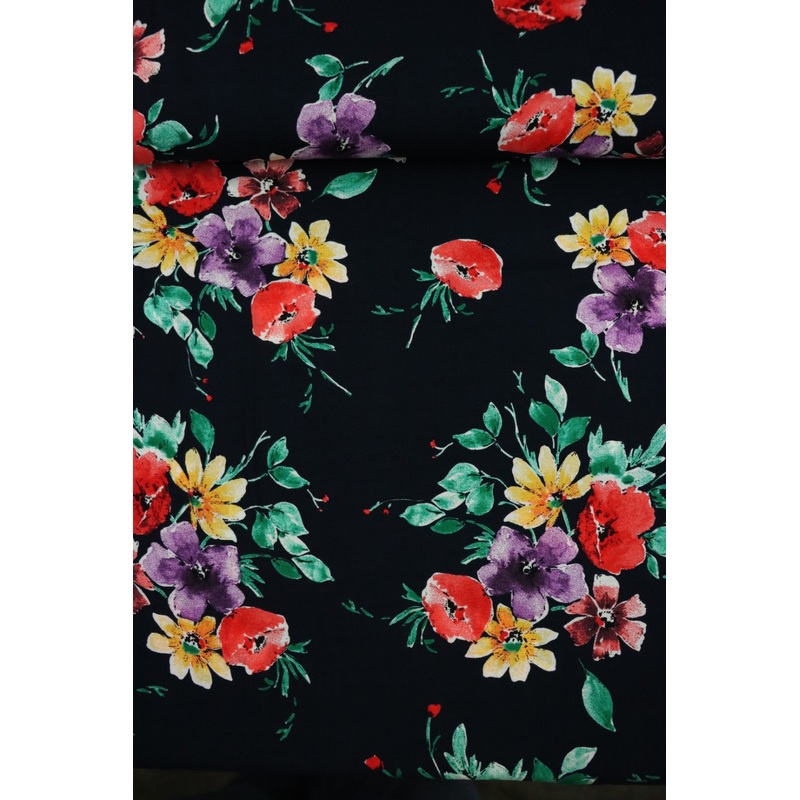 Bright Floral on Black Rayon Challis
