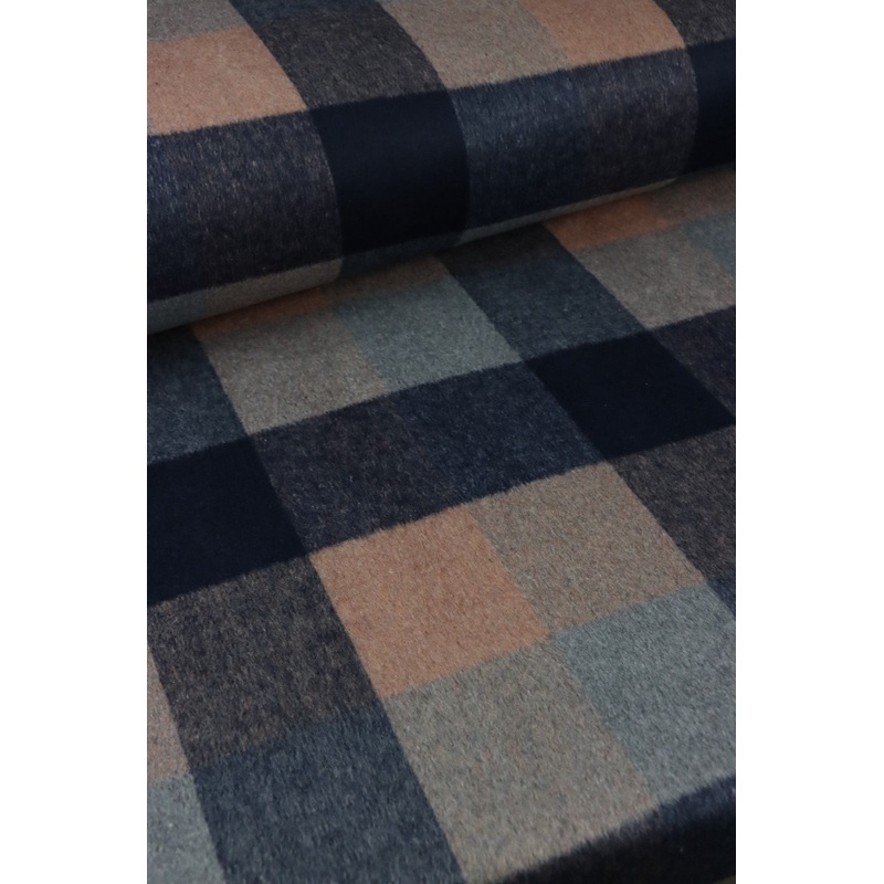 Toasted Almond/Navy/Powder Plaid Melton Double Weave Wool | By The Half Yard