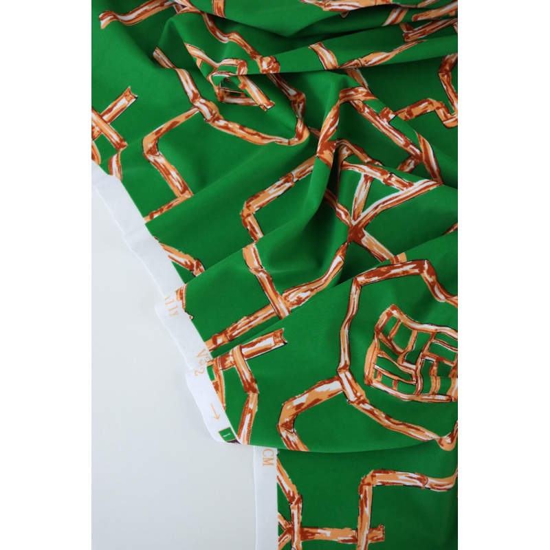 1YD PRECUT; Orange Bamboo Lattice on Kelly Green Nylon Spandex Tricot | Designer Deadstock