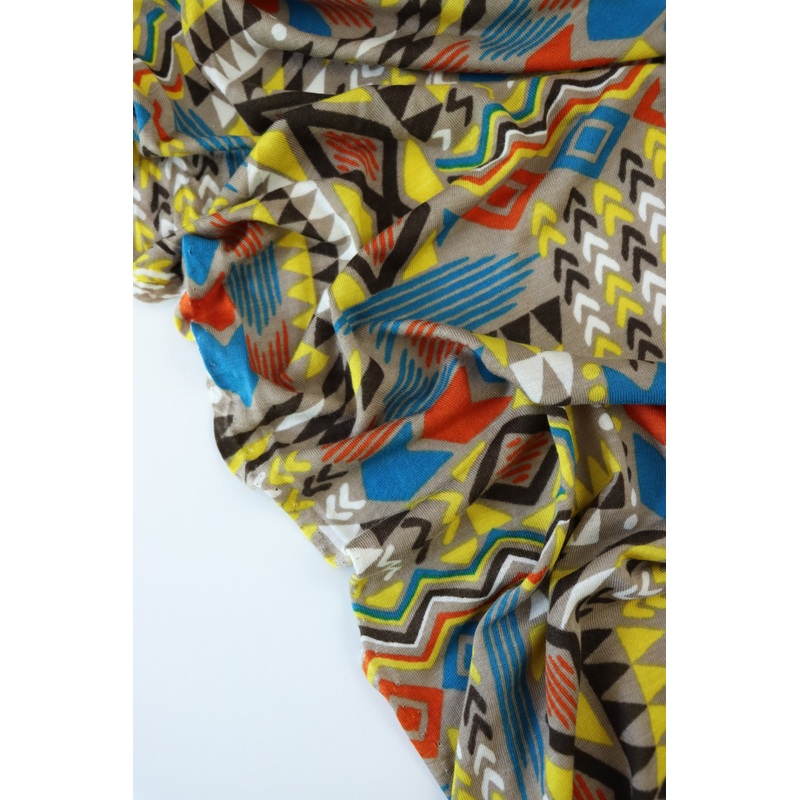 1YD PRECUT; Summer Camp Geometric (Yellow/Orange/Blue) Poly Rayon Jersey