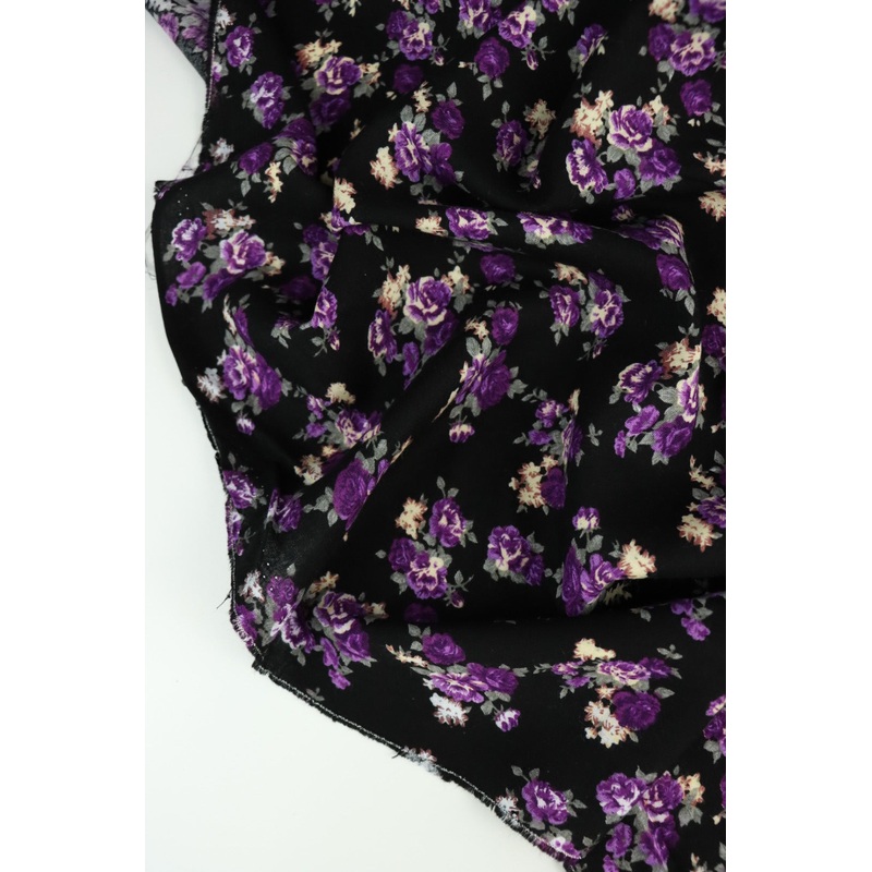 Purple Roses on Black Rayon Challis