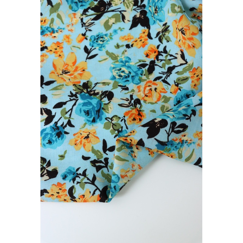 1YD PRECUT; Shae Floral on Aqua Rayon Challis