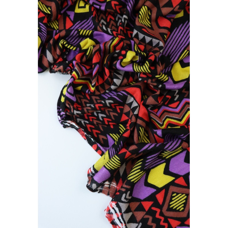 1YD PRECUT; Summer Camp Geometric (Purple/Red/Yellow) Poly Rayon Jersey