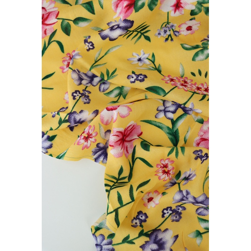 2YD PRECUT; Garden Floral on Yellow Rayon Challis