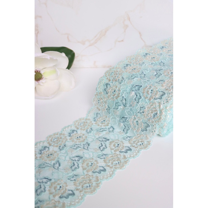 Blue & Beige Floral 7 Wide Stretch Lace