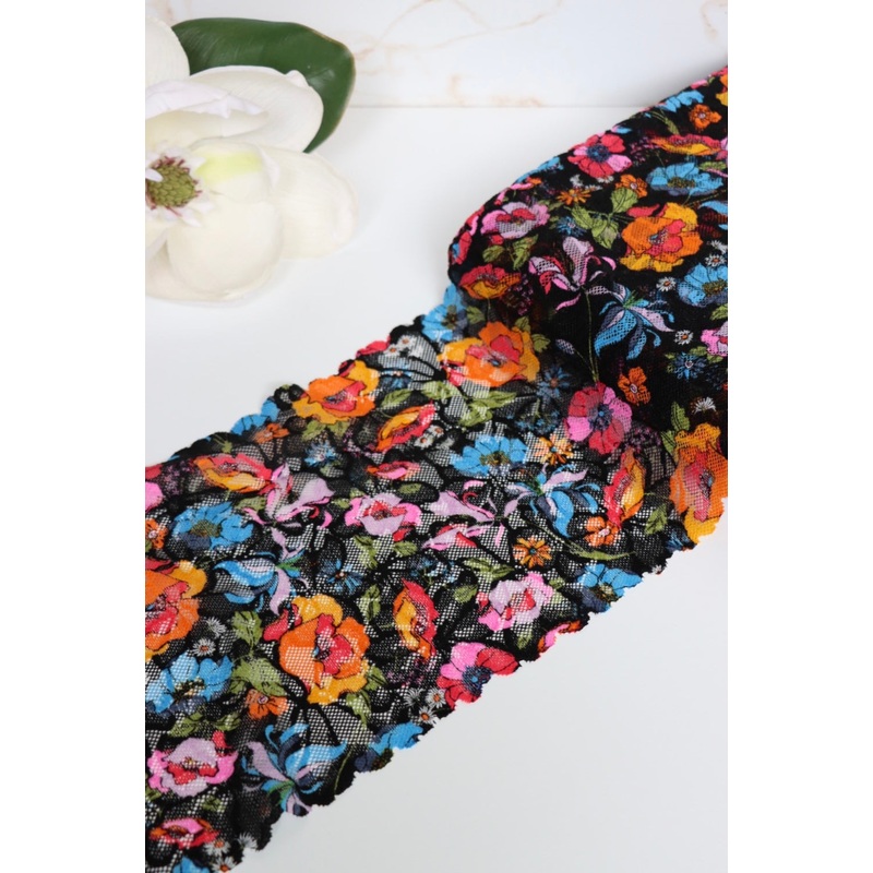Vibrant Floral on Black 7.5 Wide Stretch Lace