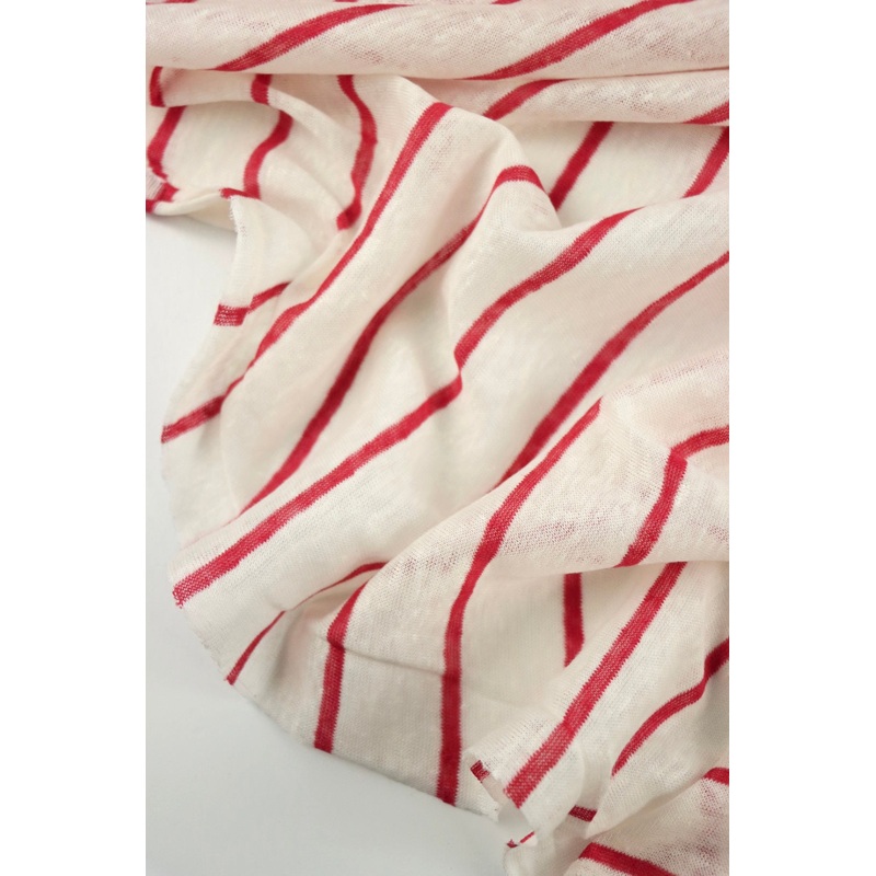 1/4 Amaranth Red & 1 1/4 White Yarn Dyed Stripe 100% Linen Knit | Made in Italy