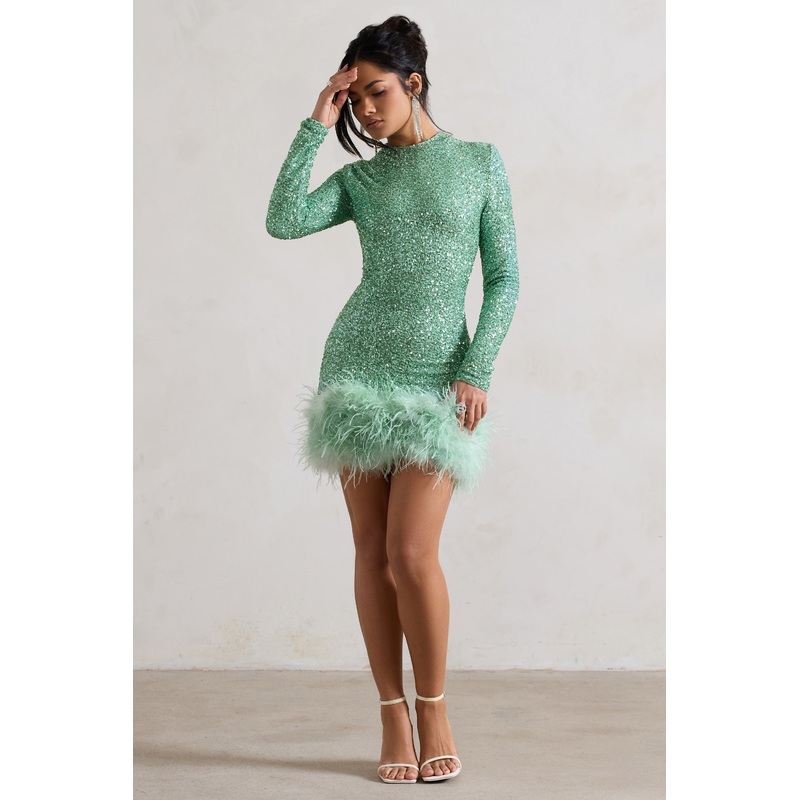 Claudia | Mint Sequin High Neck Feather Hem Mini Dress With Long Sleeves
