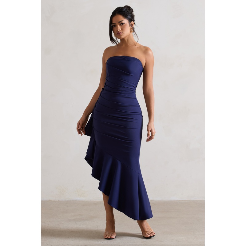 New Age | Navy Strapless Asymmetric Ruffled Maxi Dress