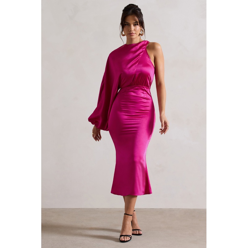 Nola | Dark Pink Satin One-Sleeve Midi Dress