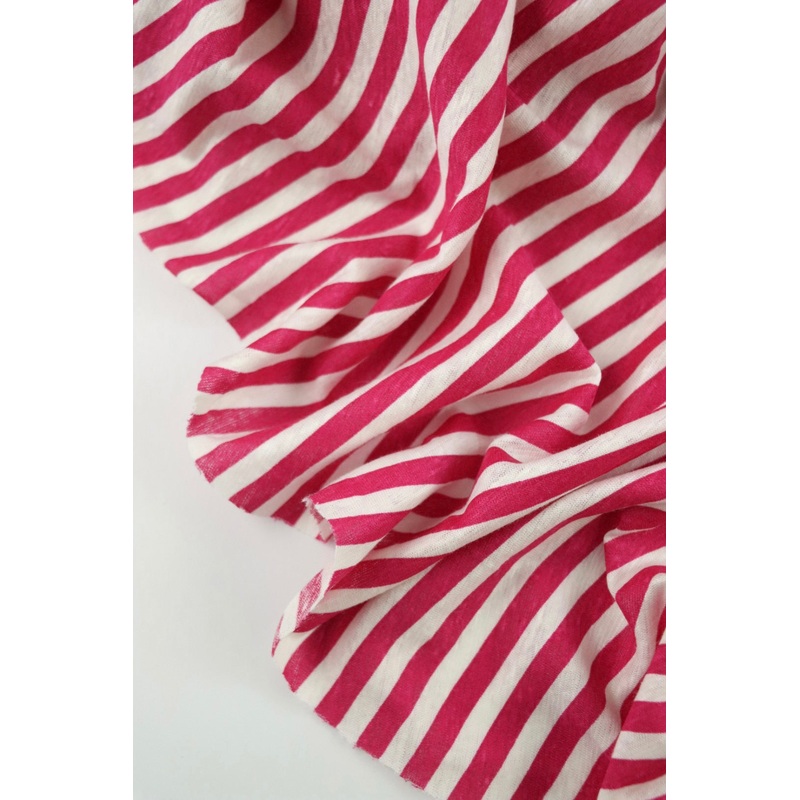 Raspberry & White 3/8 Printed Stripe 100% Linen Knit | Made in Italy