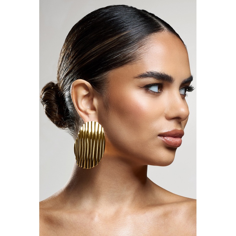 Sarla | Gold Textured Ribbed Statement Oval Earrings