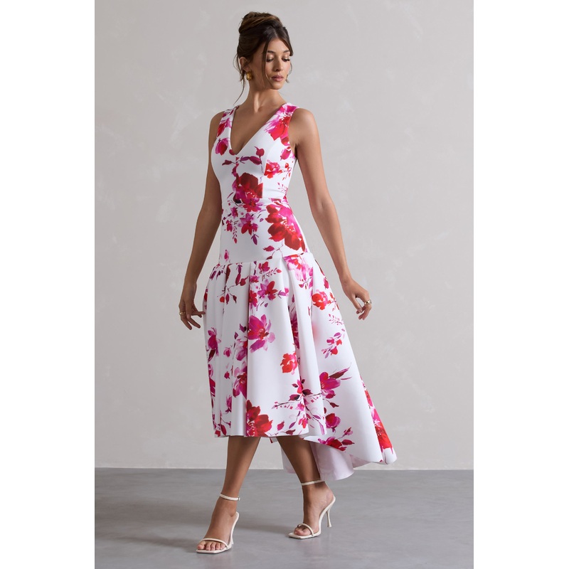 Amoret | Pink Floral Print Plunge-Neck Maxi Dress With Volume Hem