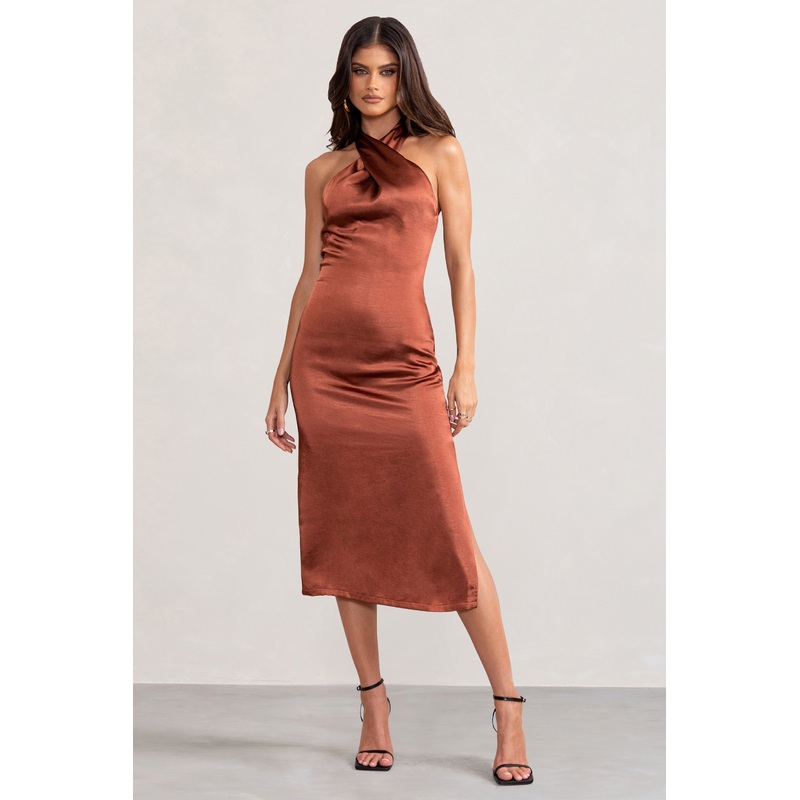 Dazzling | Rust Satin Cross Over Halter Neck Midi Dress