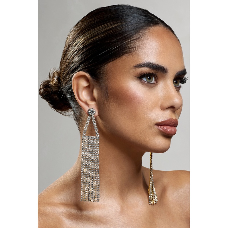 Glister | Gold Diamante Statement Tassel Earrings