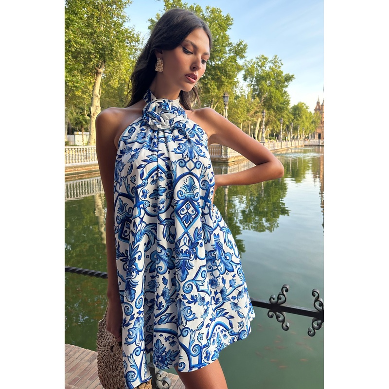 Naples | Blue Porcelain Print Halter-Neck Mini Dress With Corsage