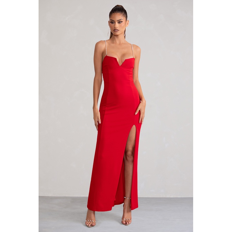 Notes To Self | Red Square Neck Thigh Split Maxi Dress