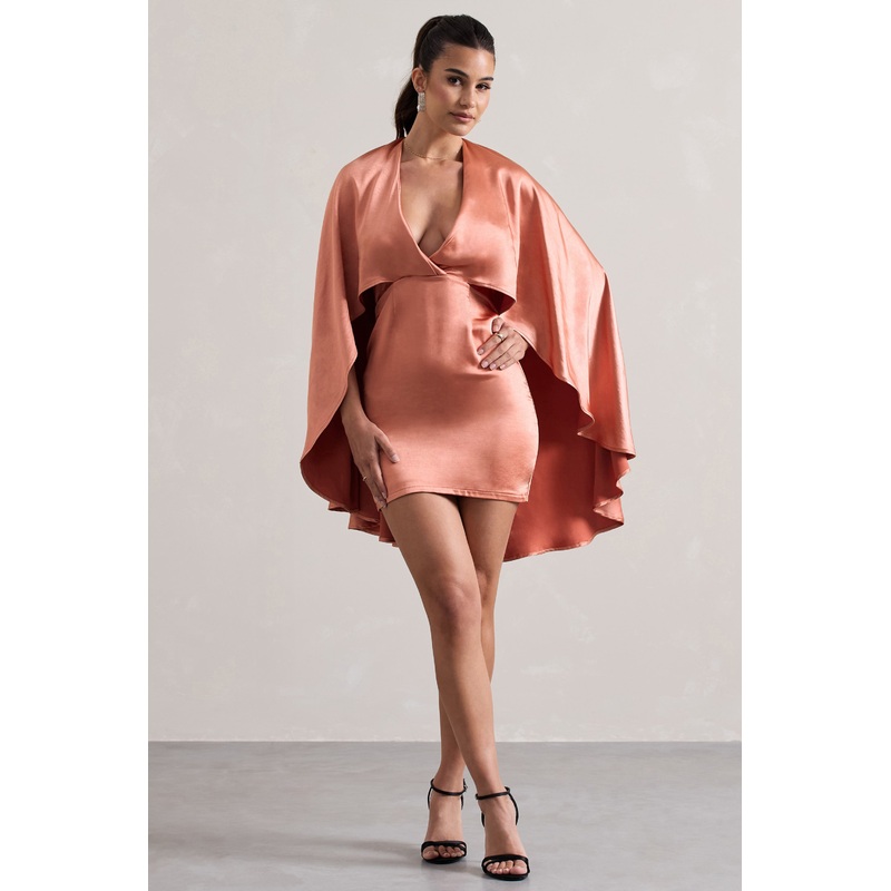 Olsen | Coral Satin Plunge-Neck Cape Mini Dress