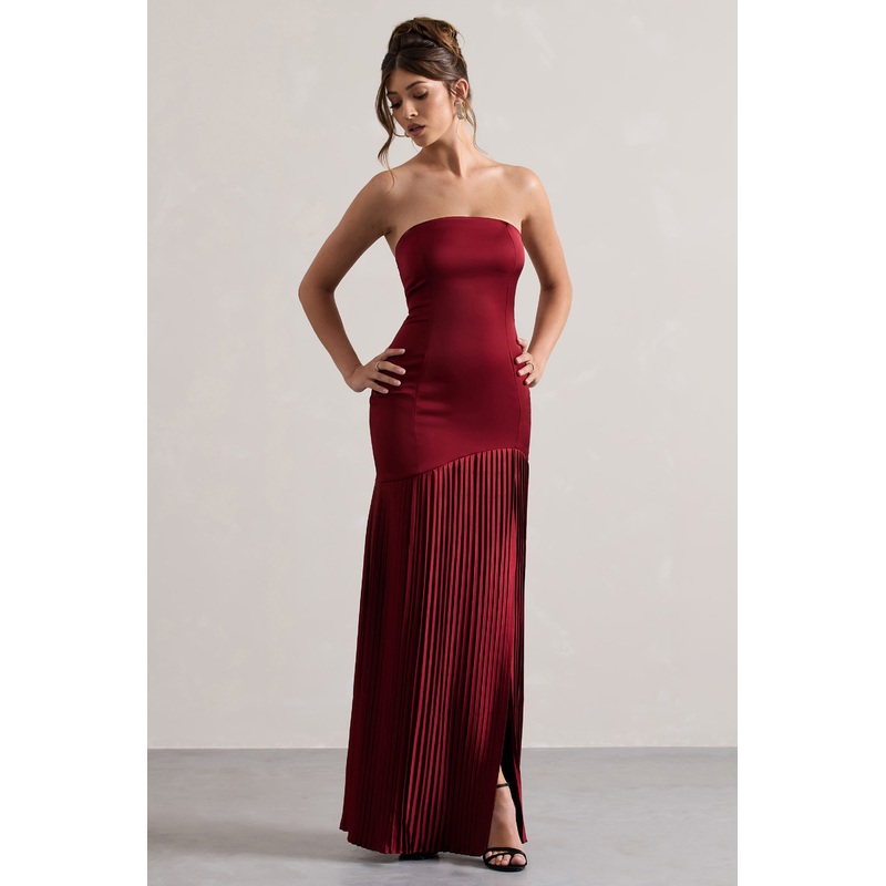 Confidence | Burgundy Satin Bandeau Pleated Split Maxi Dress