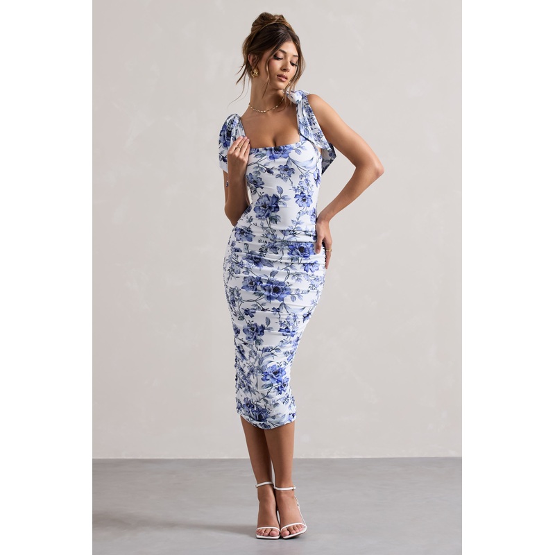 Cordelia | Floral Print Bodycon Midi Dress With Bow Straps