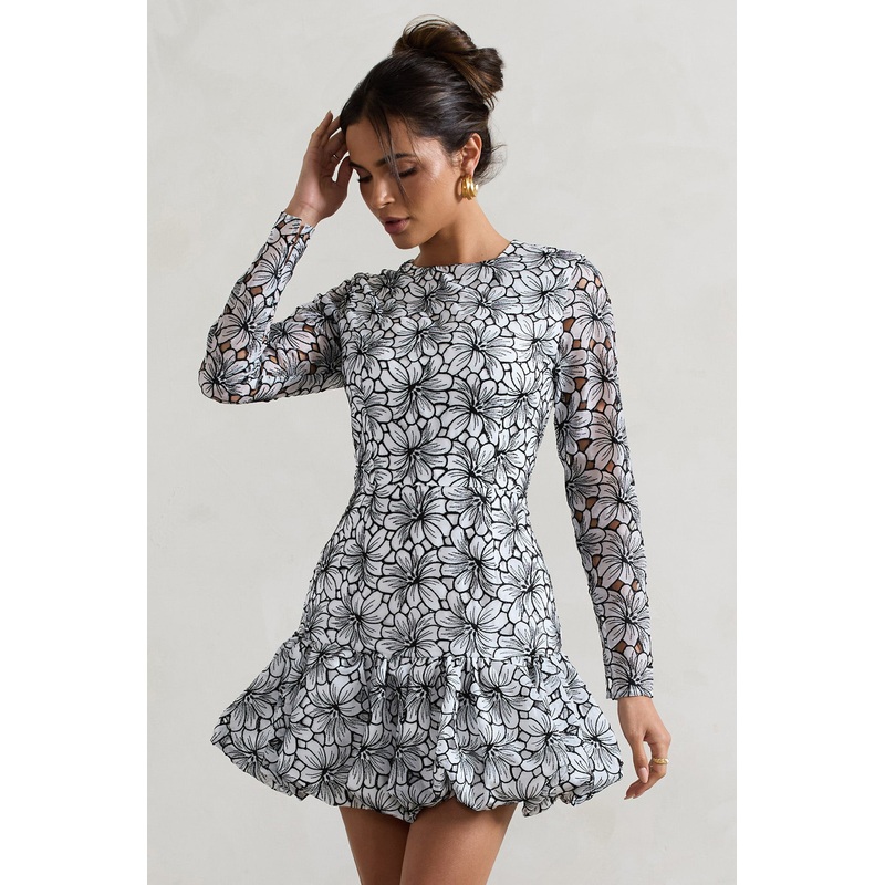 Claribel | Black & White Lace Long-Sleeve Mini Dress With Ruffle Hem