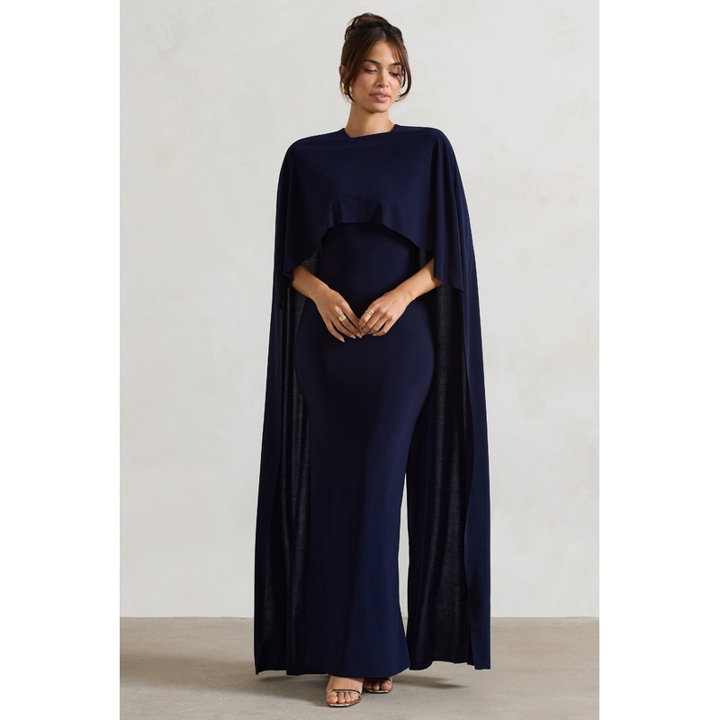 Padma | Navy Draped Maxi Dress With Cape Sleeves