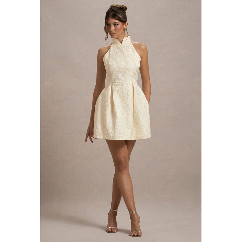 Costa | Ecru Jacquard High-Neck Mini Dress With Pleated Skirt
