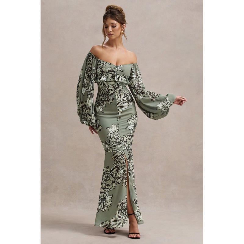Murcia | Olive Floral Print Chiffon Puff-Sleeve Button Maxi Dress