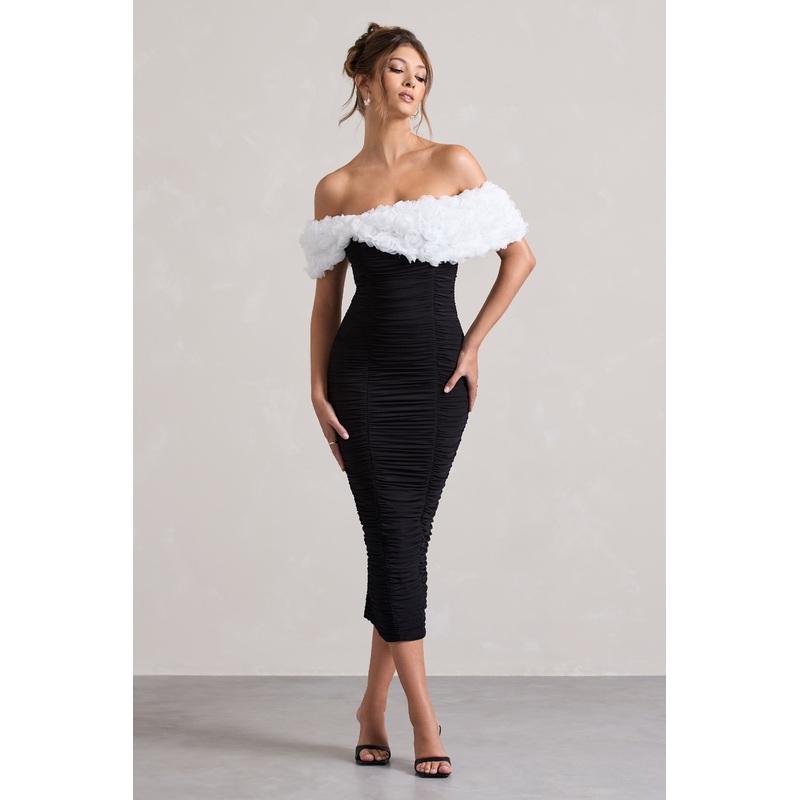 Olea | Black & White Ruched Bardot Midi Dress With Flowers