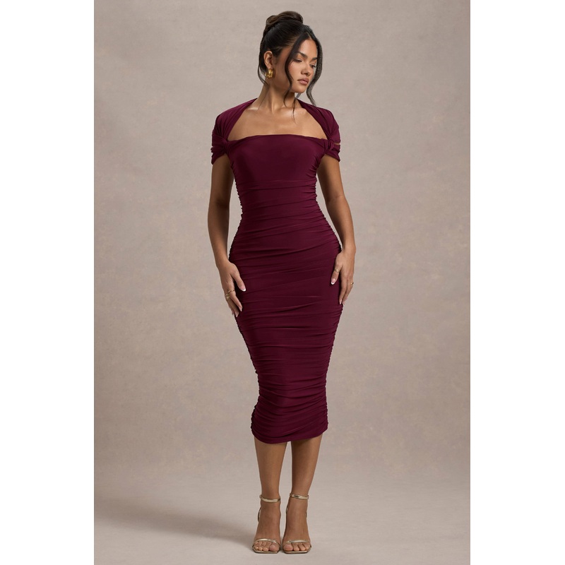 Paxos | Burgundy Ruched Short-Sleeve Midi Dress