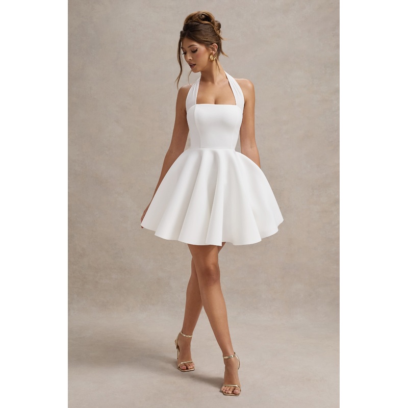 Peggy | White Halter-Neck Skater Mini Dress