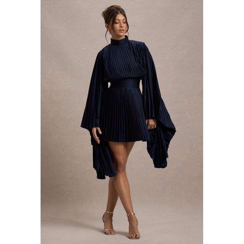 Charity | Navy Pleated High-Neck Mini Dress With Cape Sleeves
