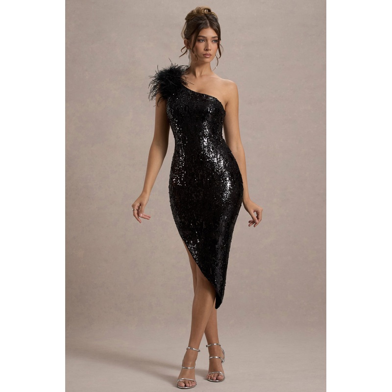 Crystella | Black Sequin Asymmetric Feather Midi Dress