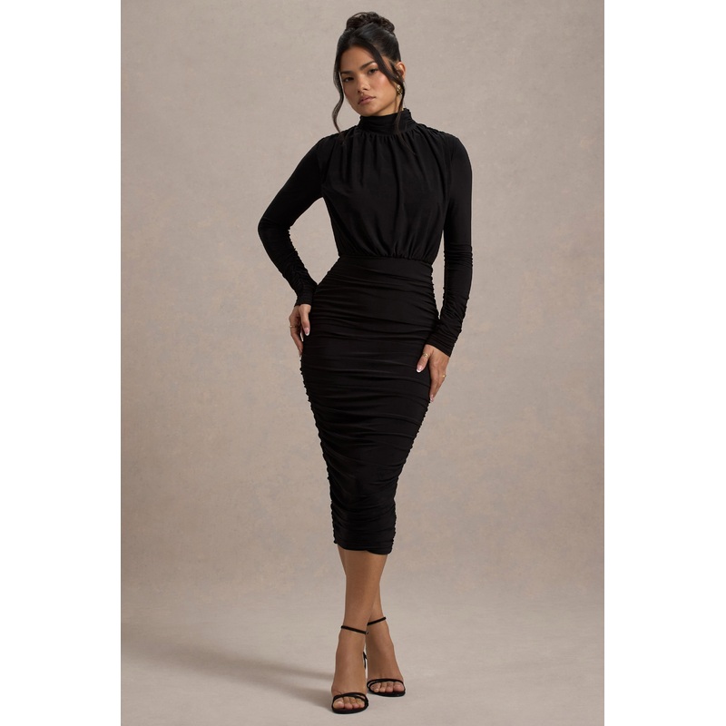 Dasha |  Black Ruched High-Neck Long-Sleeve Midi Dress