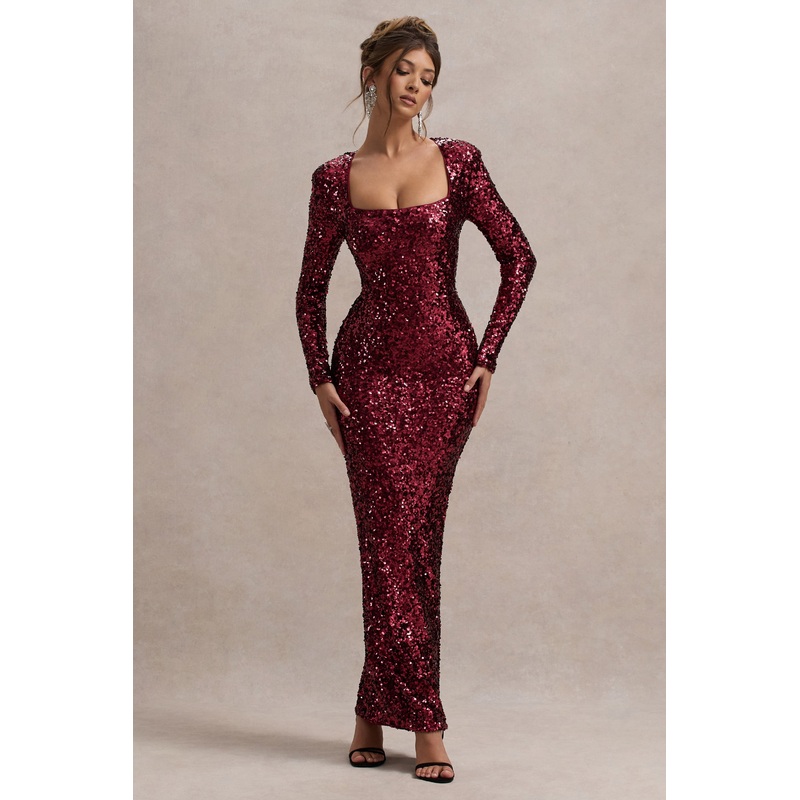 My Dream | Port Sequin Square-Neck Long-Sleeve Maxi Dress