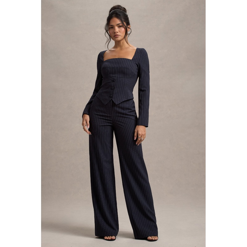 New York | Navy Pinstripe Tailored Wide-Leg Trousers