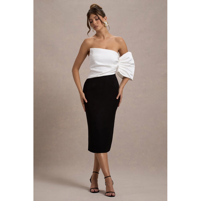 Perception | Black and White Asymmetric One-Sleeve Midi Dress