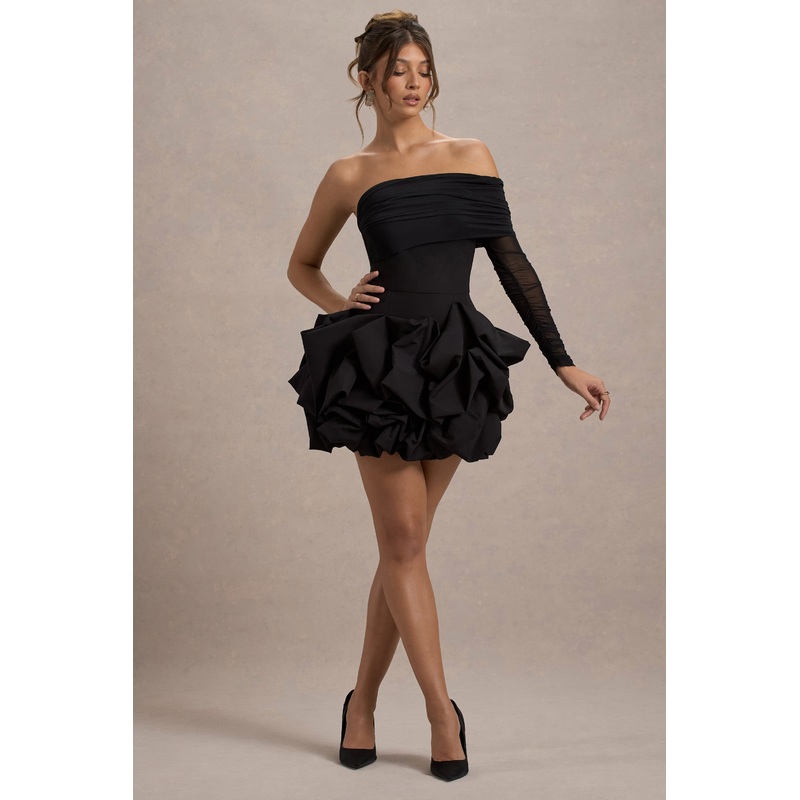 Regatta | Black Asymmetric Mesh Sleeve Ruffle Mini Dress